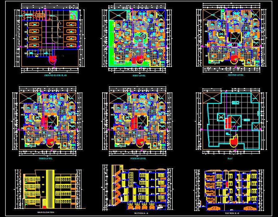 G+4 Multi-Family Building Plan with Parking Floor in AutoCAD